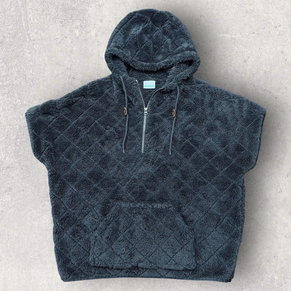 Columbia Diamond Quilted Sherpa Womens L Gray Fleece‎ Poncho Sleeveless Hoodie